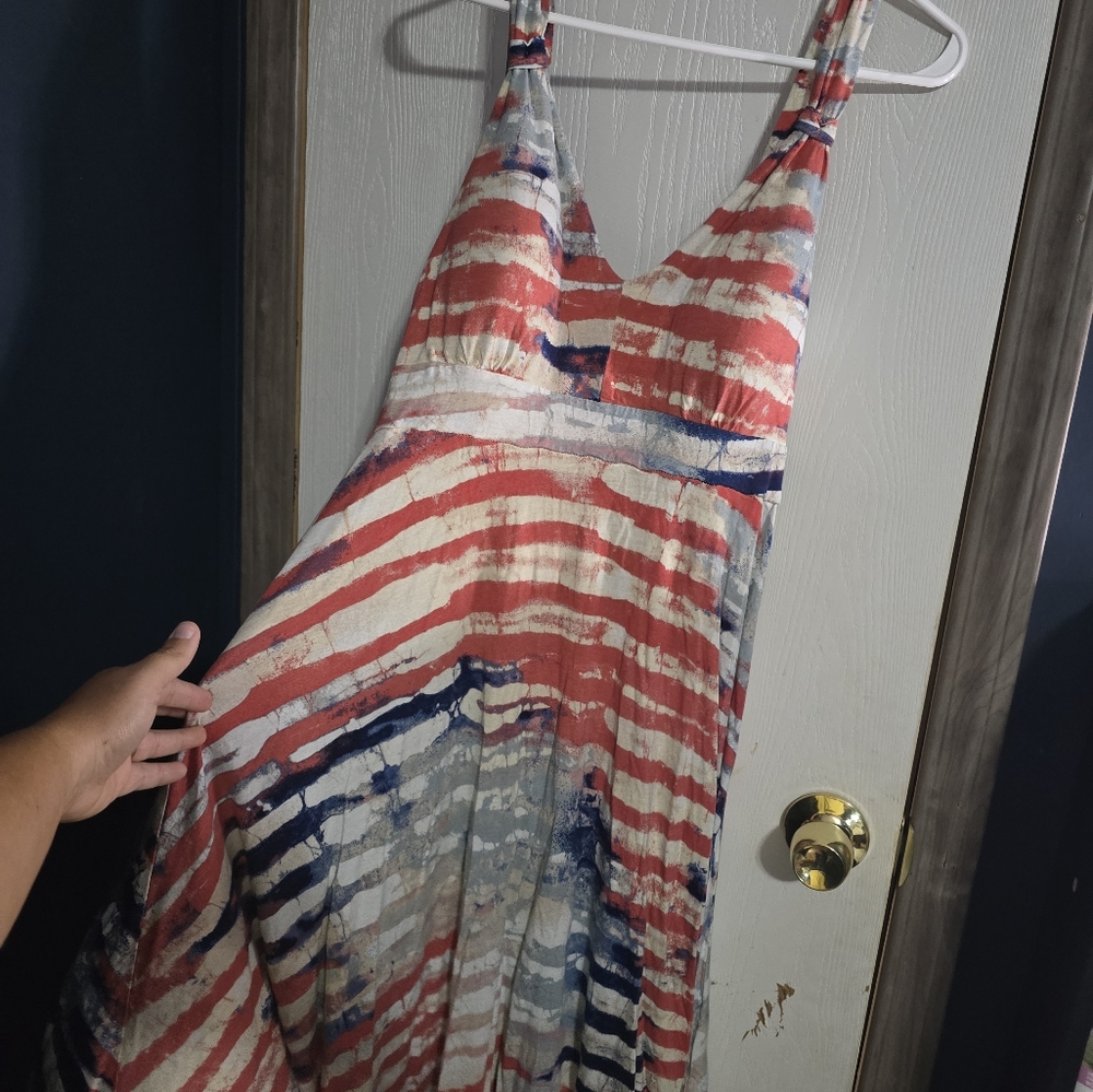 American Rag Cie Homeland Patriotic Tie Dye Red White Blue Stripe Maxi Dress